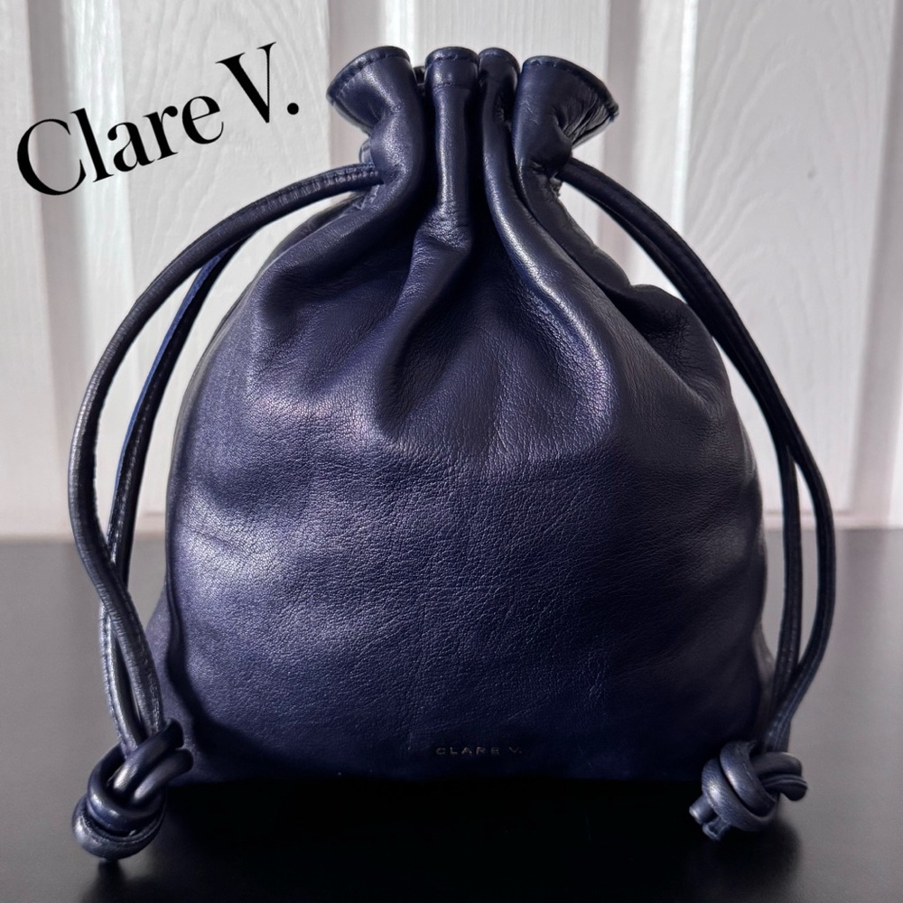 Clare V. Navy Leather Drawstring Bag